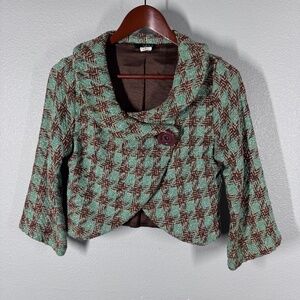 VTG Voxx Bouclé Cropped Blazer | Green Brown Metallic Shimmer Cowl Neck - Size M